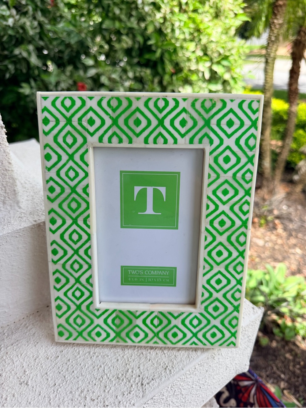 Two’s Company 4x6 Picture Frame Green White Geometric Pattern Tabletop Decor